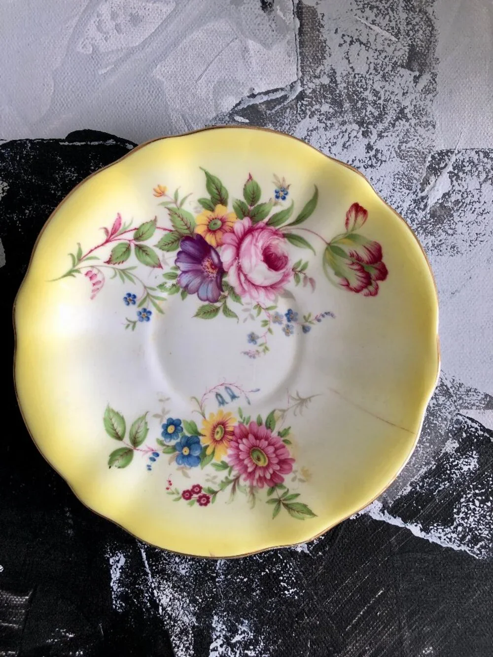 Queen Anne Bone China Yellow Teacup and Saucer, Rose Pattern